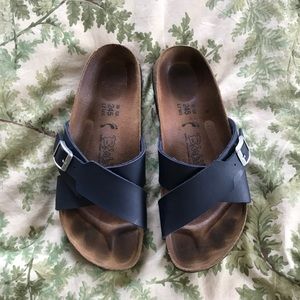 cross strap navy birkenstocks